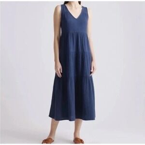 Quince 100% Organic Cotton Gauze Tiered Maxi Dress Indigo Blue Size M Boho Basic